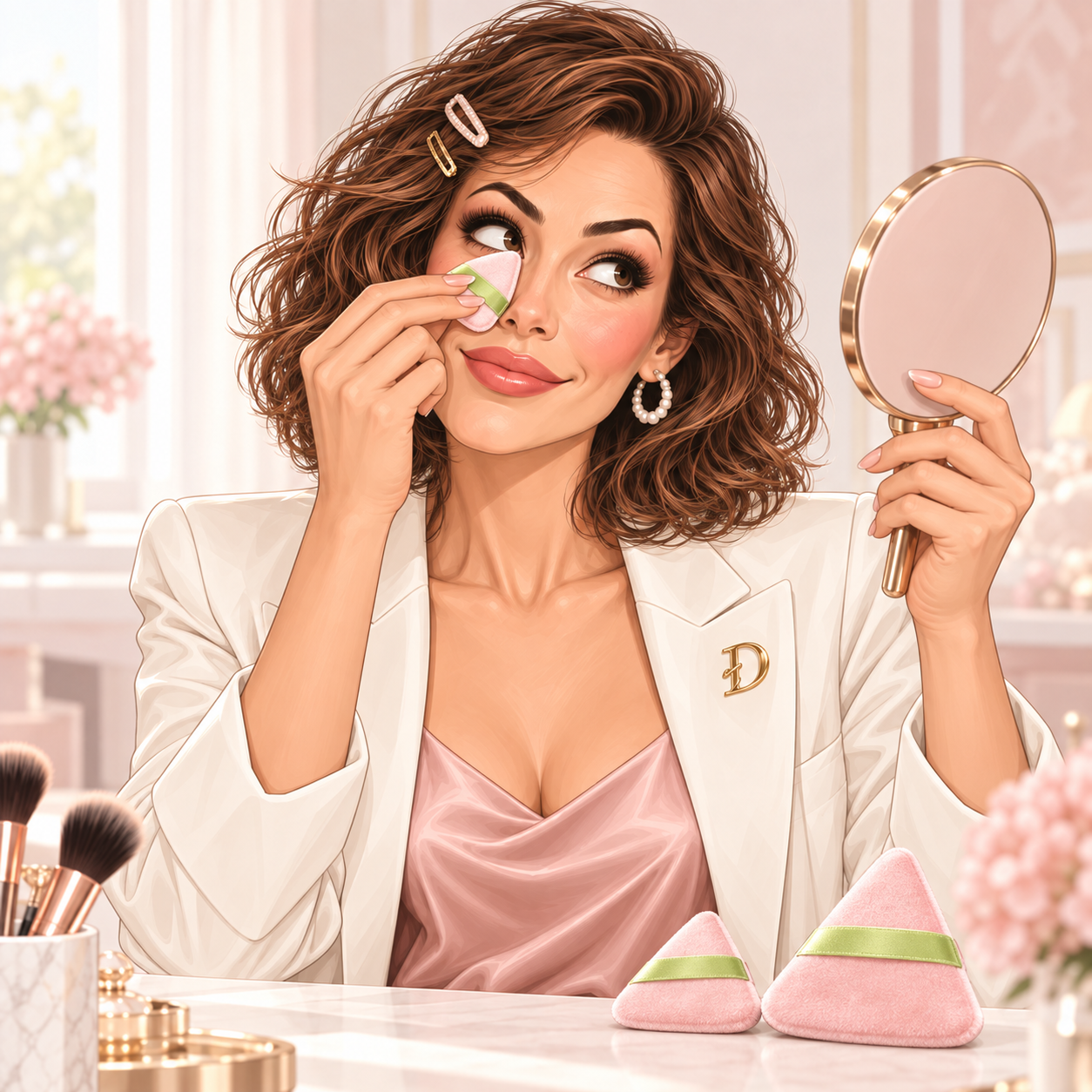 Lora applying makeup with a mini puff.